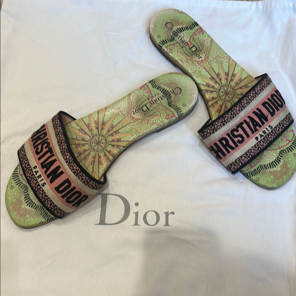 Christian Dior Green Embroidered Slides